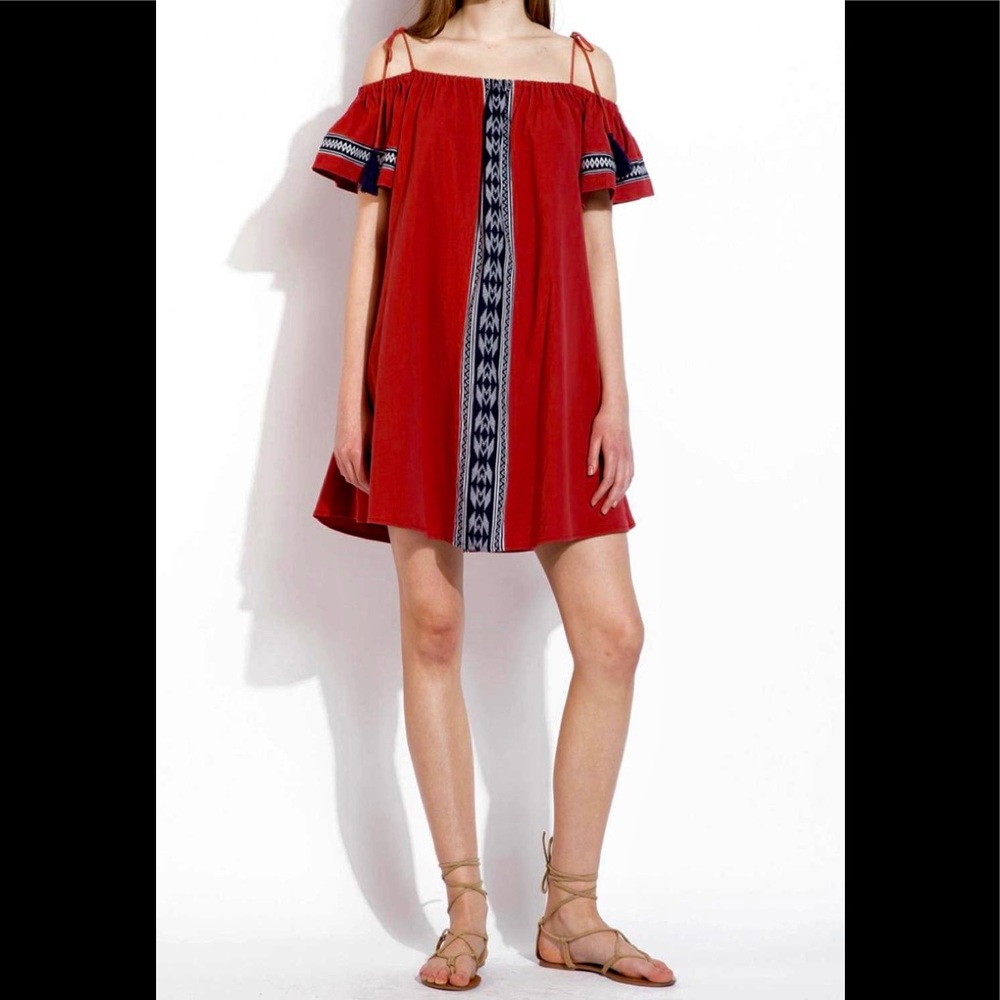 THML Red Embroidered Off Shoulder Boho Mini Dress